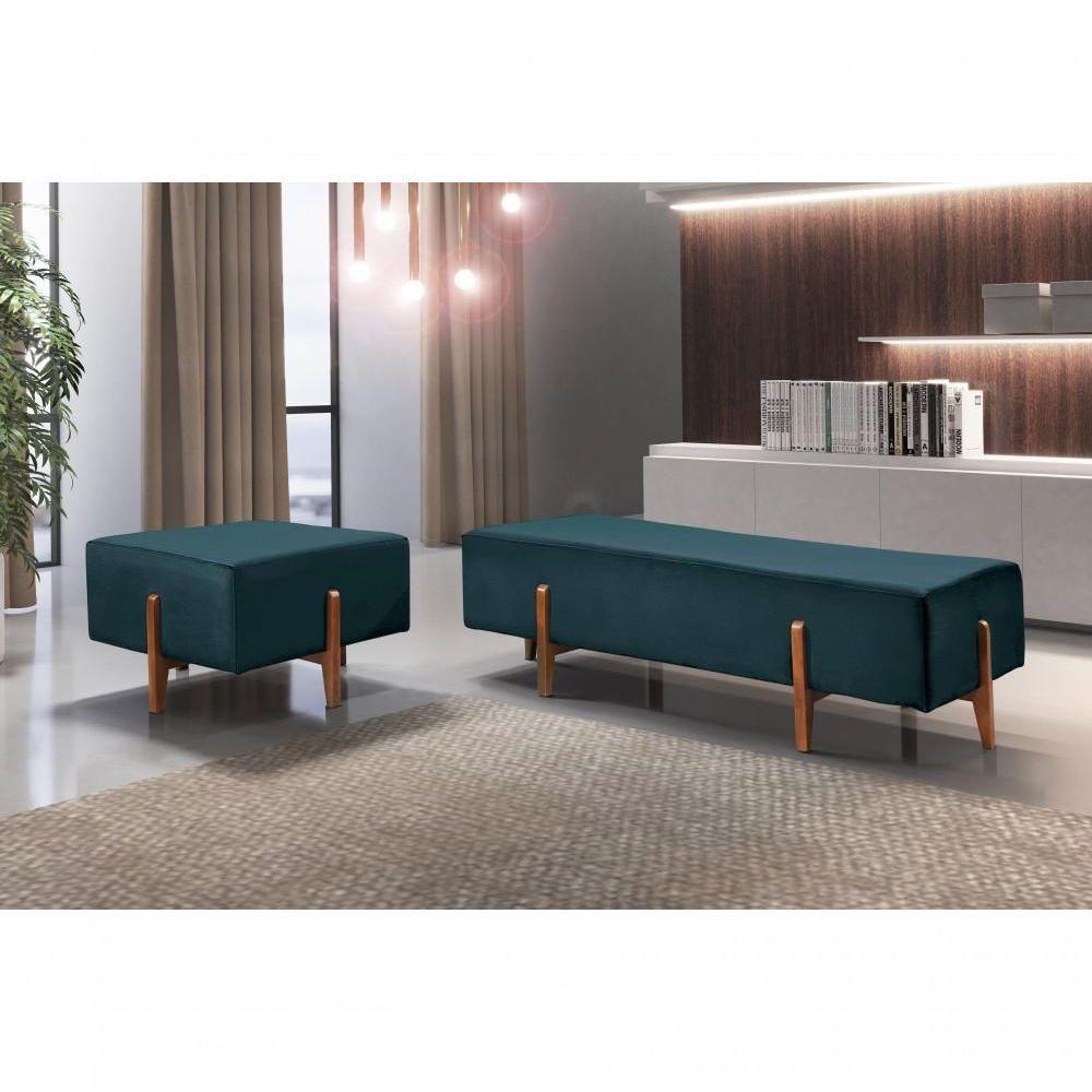 Puff Banqueta Zurik Luxo Madeira Maciça Castellar Móbile Linho Azul - 4