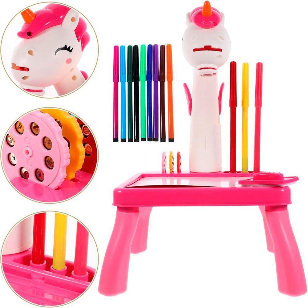 Brinquedo Mesinha De Pintura Projetor Unicórnio Rosa Canetas Rosa - 1