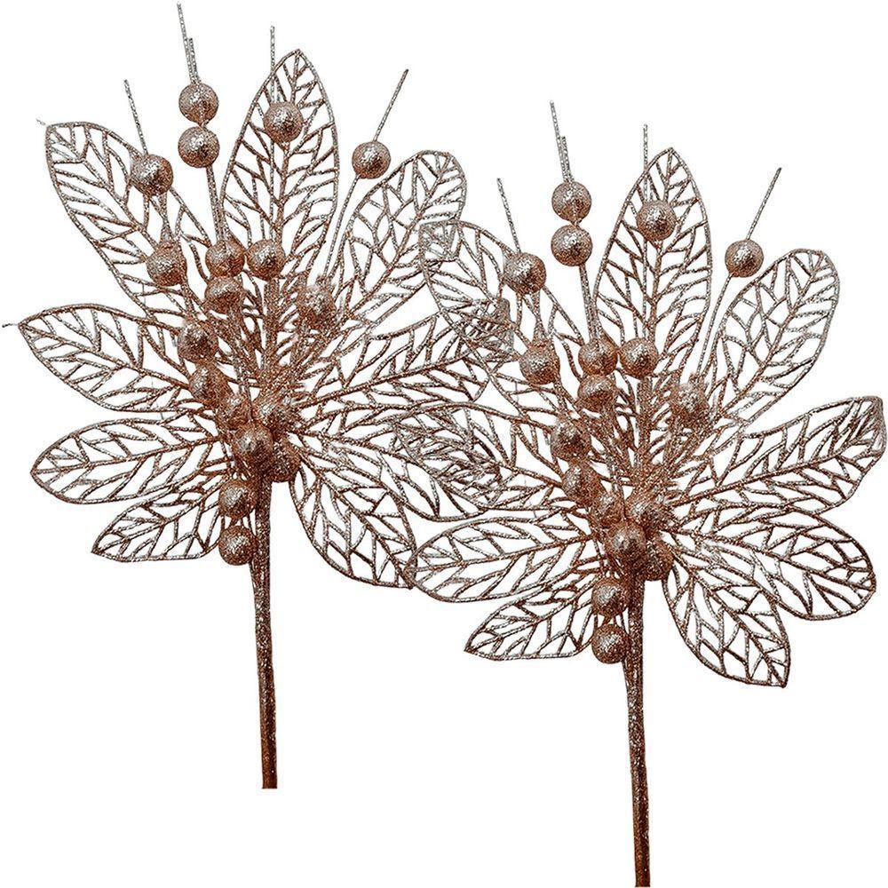 Flores Enfeite árvore Natal Gliter Rose Gold 45cm Kit 8pçs - 3