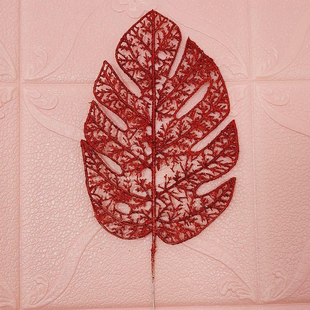 Folhas Flores Enfeite Natal Gliter Vermelho 35cm Kit 8pçs - 2