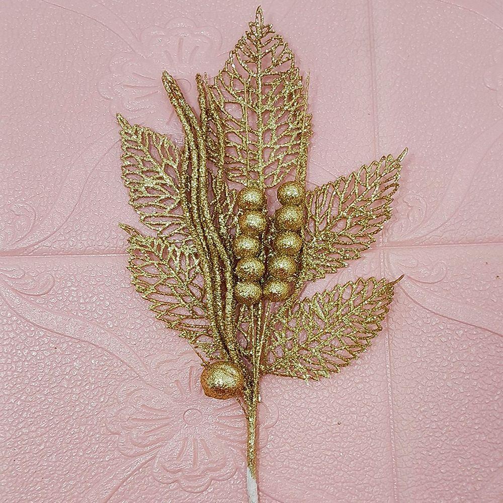 Folhas Flores Enfeite Natal Gliter Dourado De 45cm Kit 12pçs - 2