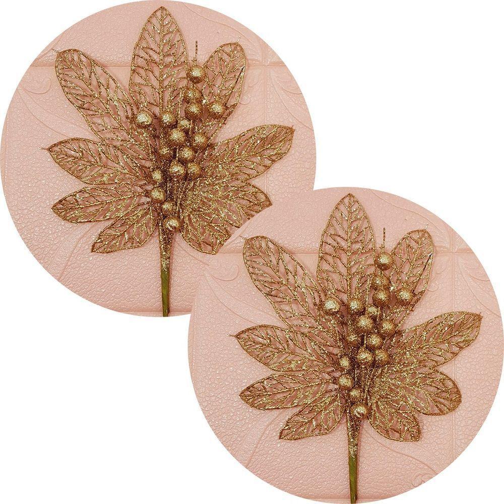 Flores Enfeite árvore Natal Gliter Dourado De 45cm Kit 10pçs - 1