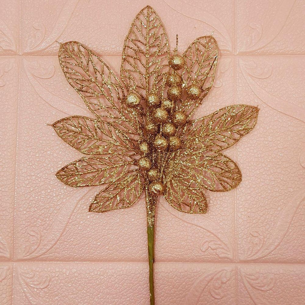 Flores Enfeite árvore Natal Gliter Dourado De 45cm Kit 6pçs - 2