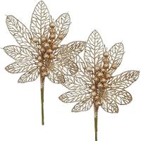 Flores Enfeite árvore Natal Gliter Dourado De 45cm Kit 12pçs - 3