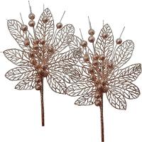 Flores Enfeite árvore Natal Gliter Rose Gold 45cm Kit 6pçs - 3