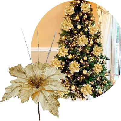 Flores Brilhantes Dourada Decoração Natal De 40cm Kit 4pçs