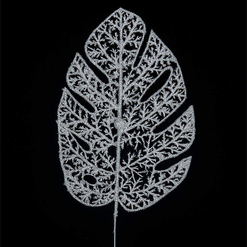 Folhas Flores Enfeite Natalino Gliter Prata 35cm Kit 12pçs - 2