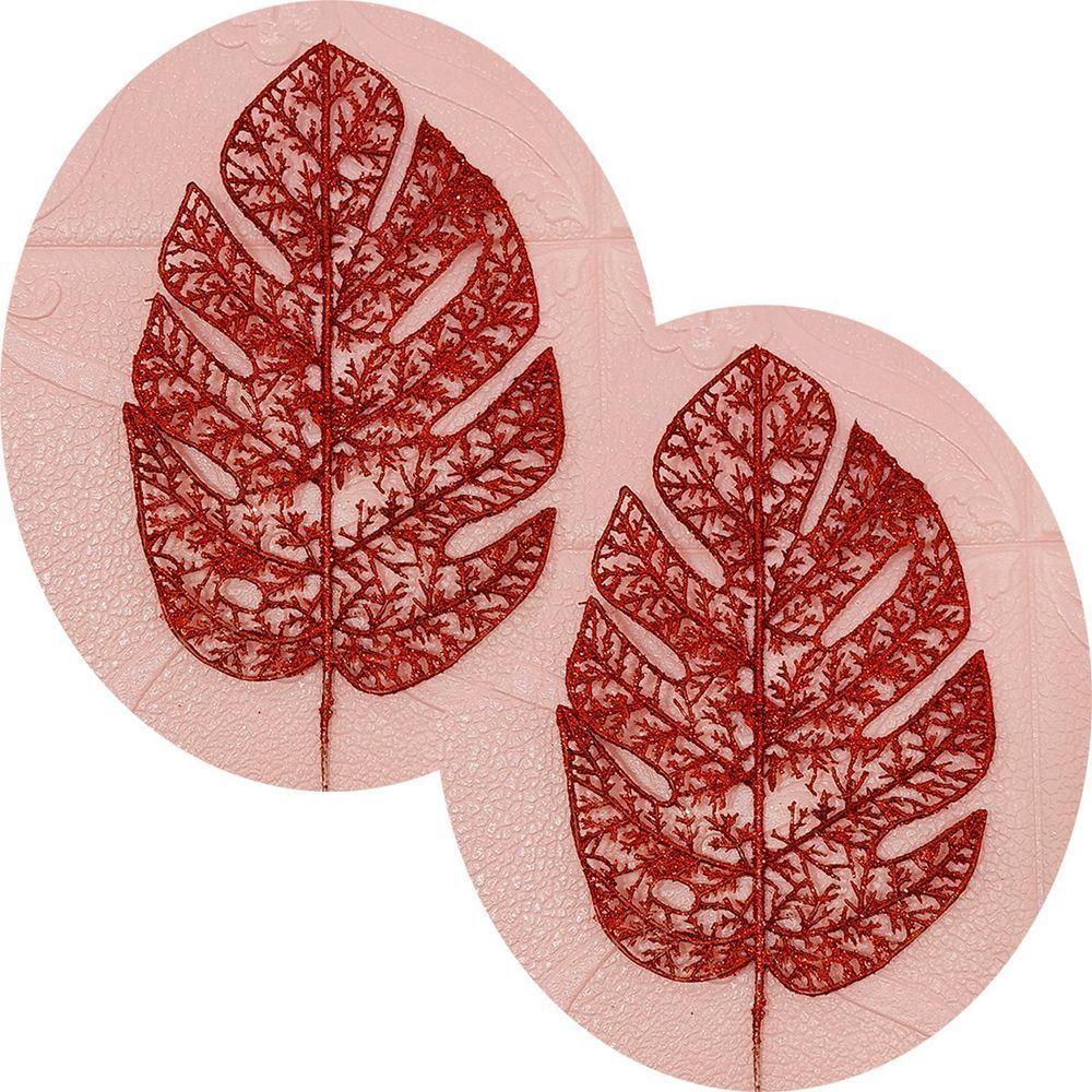 Folhas Flores Enfeite Natal Gliter Vermelho 35cm Kit 10pçs - 1