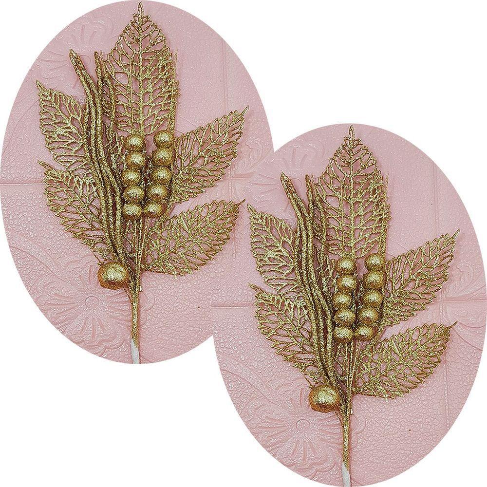 Folhas Flores Enfeite Natal Gliter Dourado De 45cm Kit 6pçs - 1