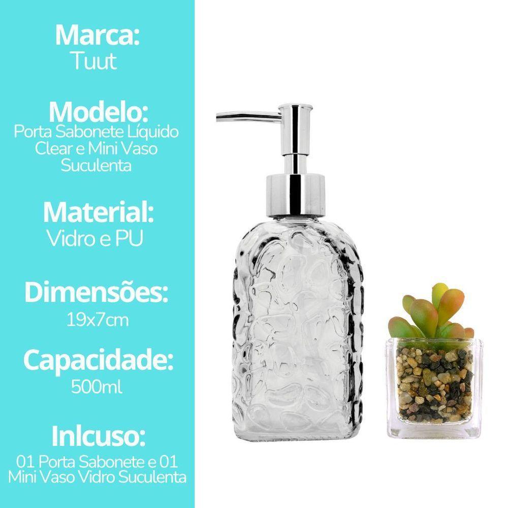 Jogo Porta Sabonete Líquido Vidro Clear Textura E Mini Vaso Suculenta - Tuut - 7