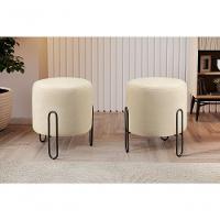 Puff Banqueta Mali Luxo Base Preta Castellar Móbile Linho Bege Claro - 4