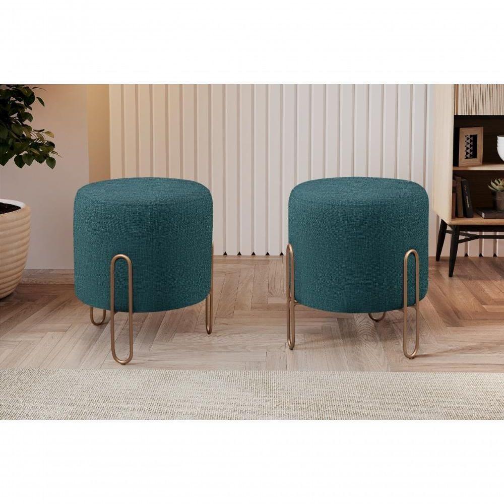 Puff Banqueta Mali Luxo Base Bronze Castellar Móbile Linho Azul - 5