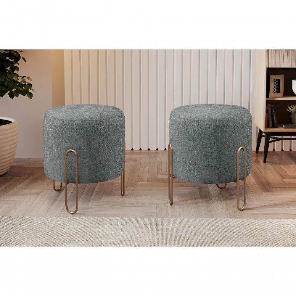 Puff Banqueta Mali Luxo Base Bronze Castellar Móbile Linho Cinza - 4