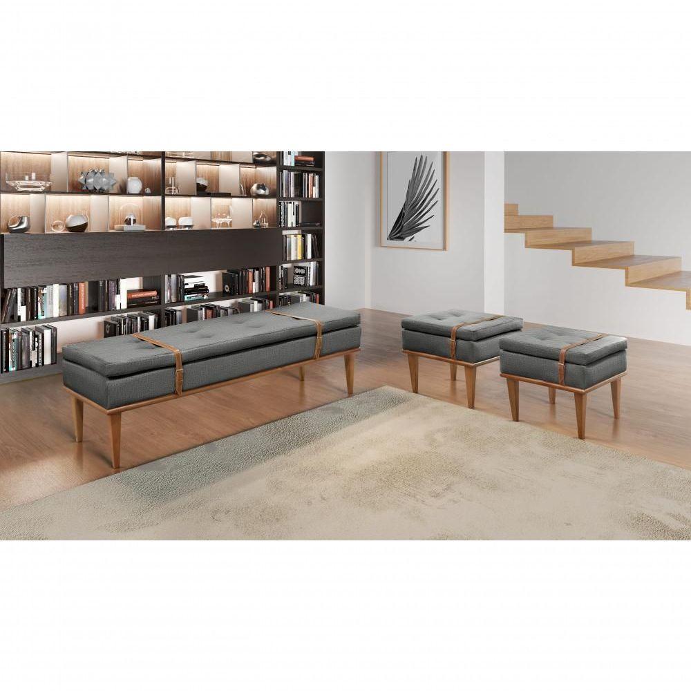 Puff Banqueta Londres Luxo Madeira Maciça Castellar Móbile Linho Cinza - 4