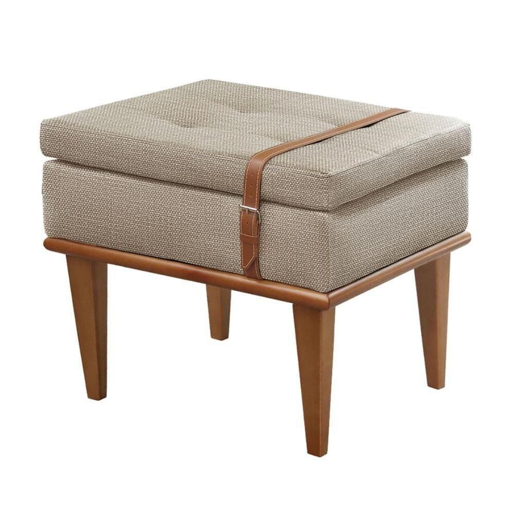 Puff Banqueta Londres Luxo Madeira Maciça Castellar Móbile Linho Bege - 1