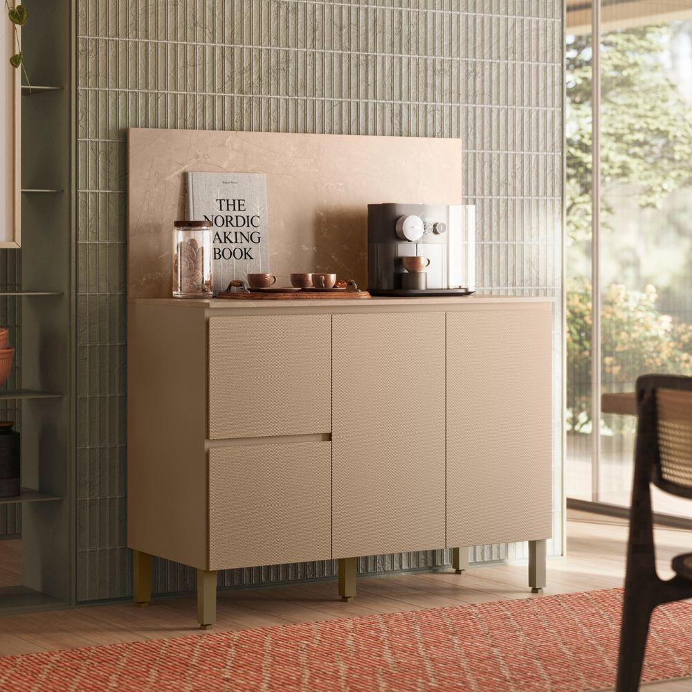 Balcão Com Tampo E Painel Art 120 Cm 3 Portas Kit's Paraná Cor:vanilla - 6