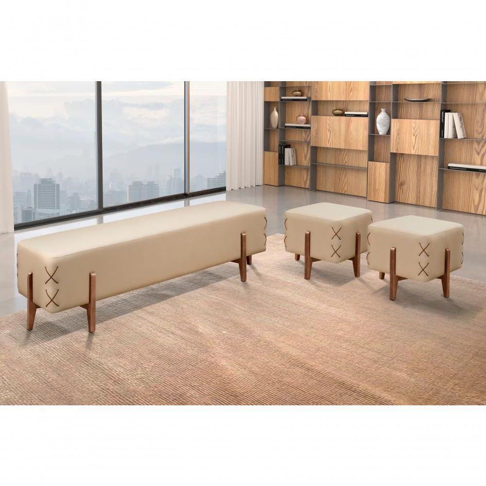 Puff Banqueta Eros Luxo Madeira Maciça Castellar Móbile Veludo Bege Claro Veludo Bege Claro - 4