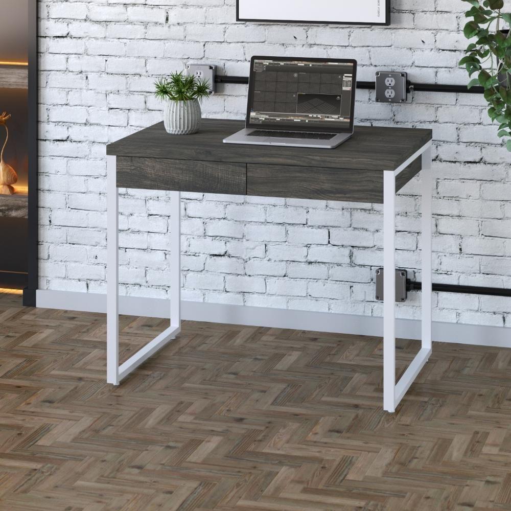 Mesa Office 90x60x75cm C/02 Gavetas Kuadra Carvalho Dark - Est.branca - 1