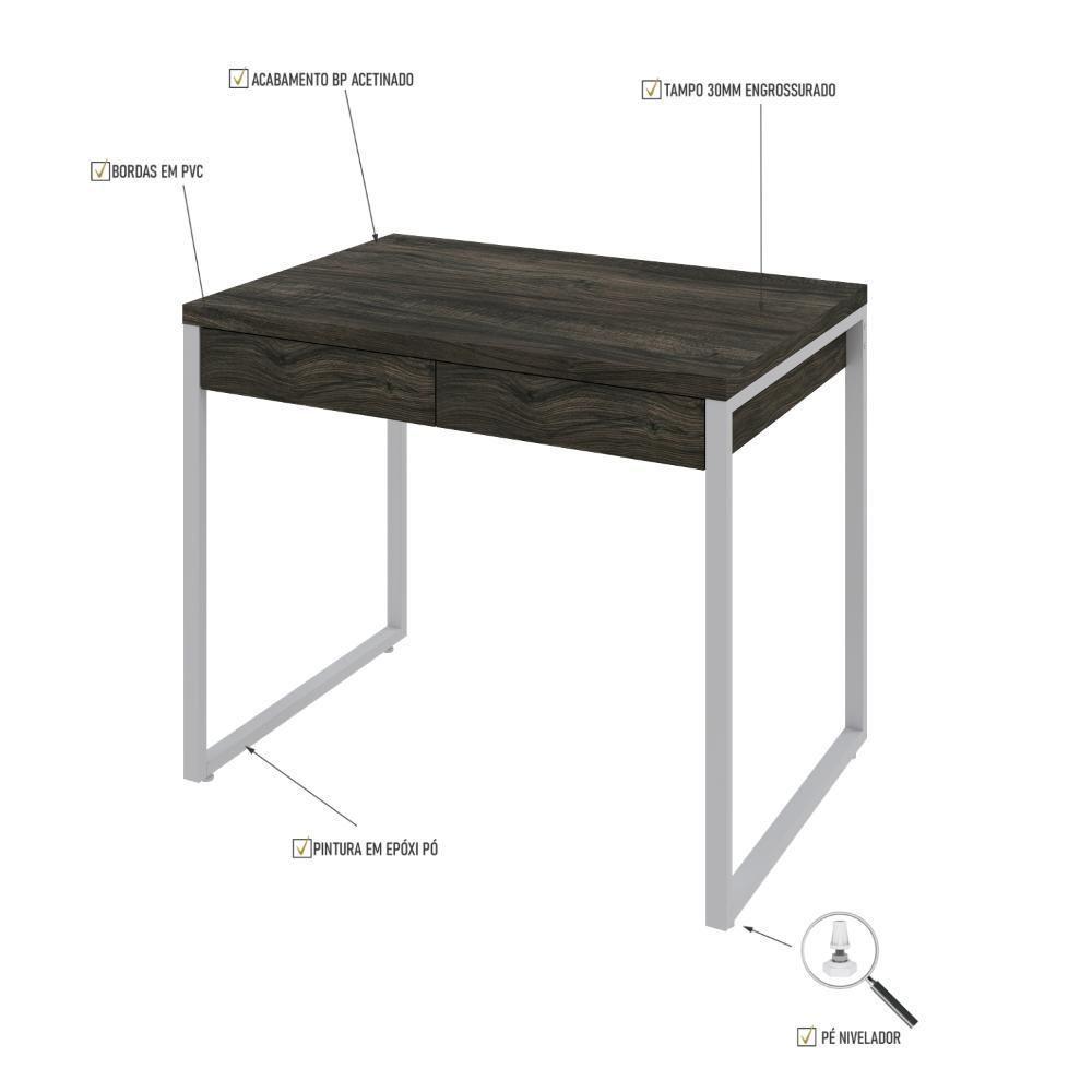 Mesa Office 90x60x75cm C/02 Gavetas Kuadra Carvalho Dark - Est.branca - 4