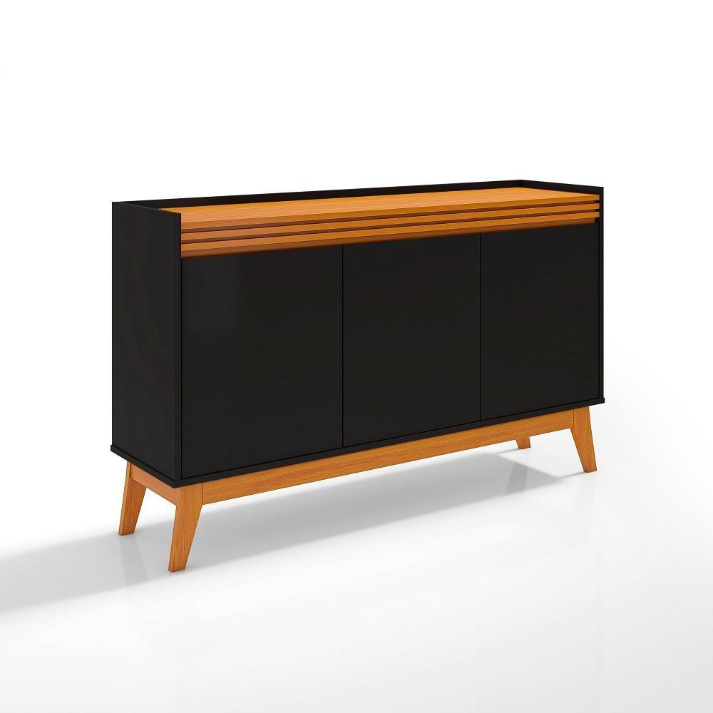 Buffet Aparador Ripado Com 3 Portas Monaco 136cm - Preto E Cedro - 3