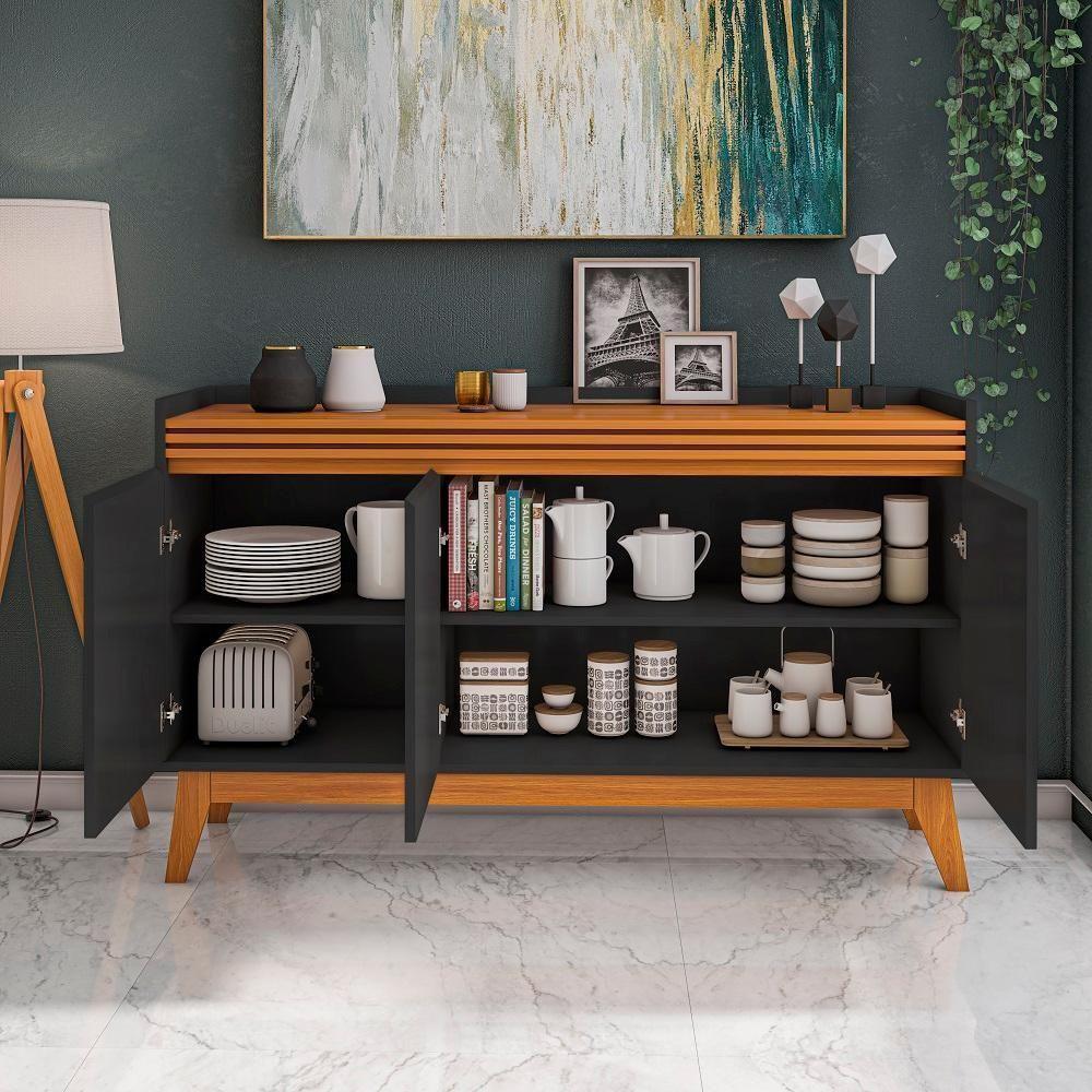 Buffet Aparador Ripado Com 3 Portas Monaco 136cm - Preto E Cedro - 7
