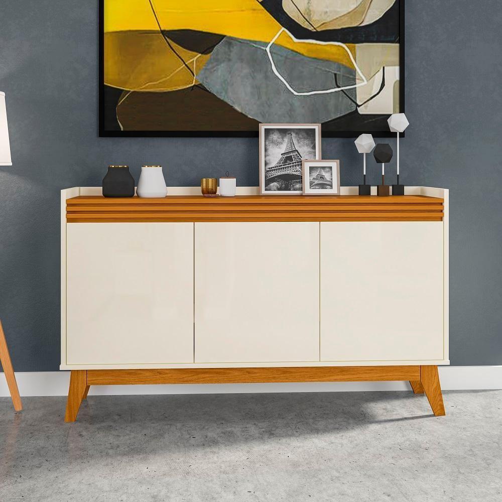 Buffet Aparador Ripado Com 3 Portas Monaco 136cm - Off White E Cedro - 1