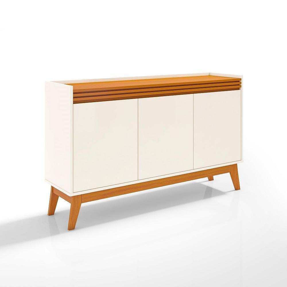 Buffet Aparador Ripado Com 3 Portas Monaco 136cm - Off White E Cedro - 6