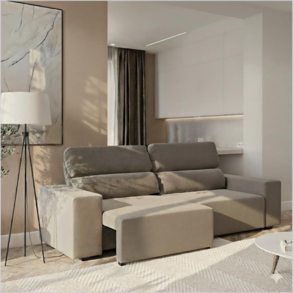 Sofá 3 Lugares Reclinável Sala De Estar 2,00m Velut Silent - Veludo Perola - 2