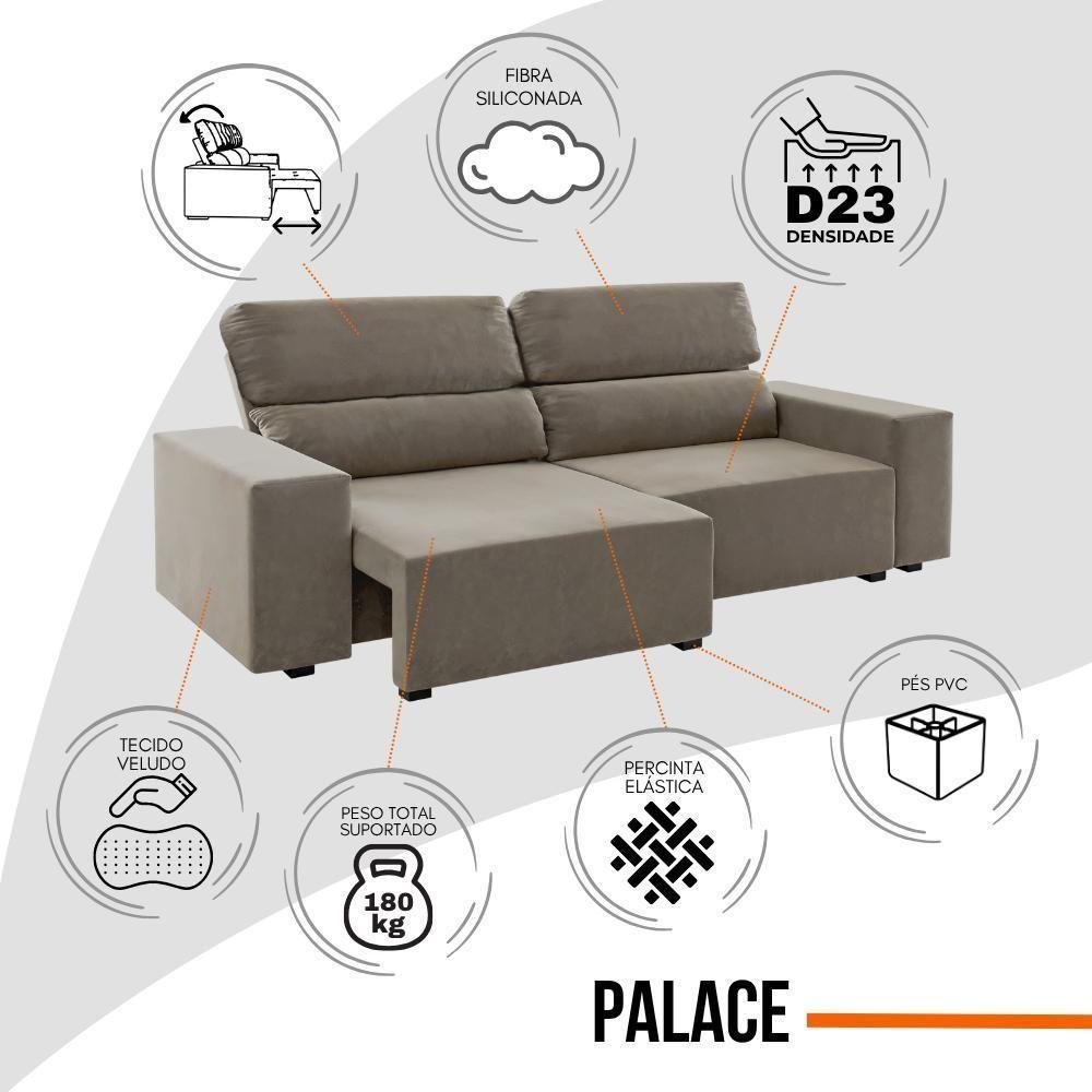 Sofá 3 Lugares Reclinável Sala De Estar 2,00m Velut Silent - Veludo Perola - 8