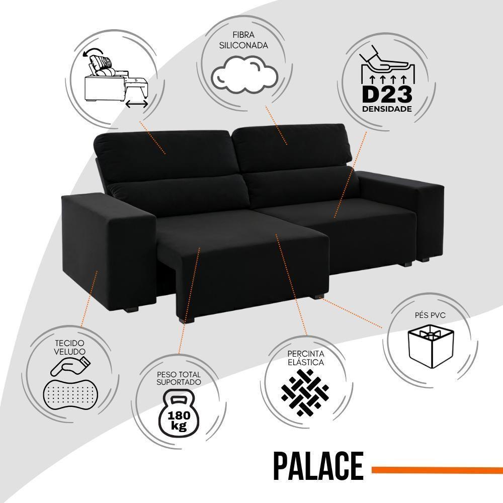 Sofá 3 Lugares Reclinável Sala De Estar 2,00m Velut Silent - Veludo Preto - 8
