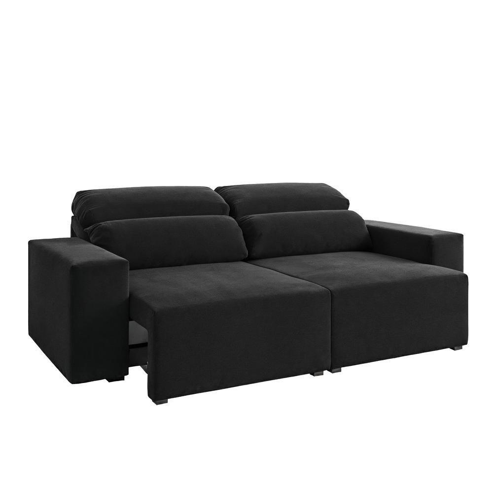 Sofá 3 Lugares Reclinável Sala De Estar 2,00m Velut Silent - Veludo Preto - 9