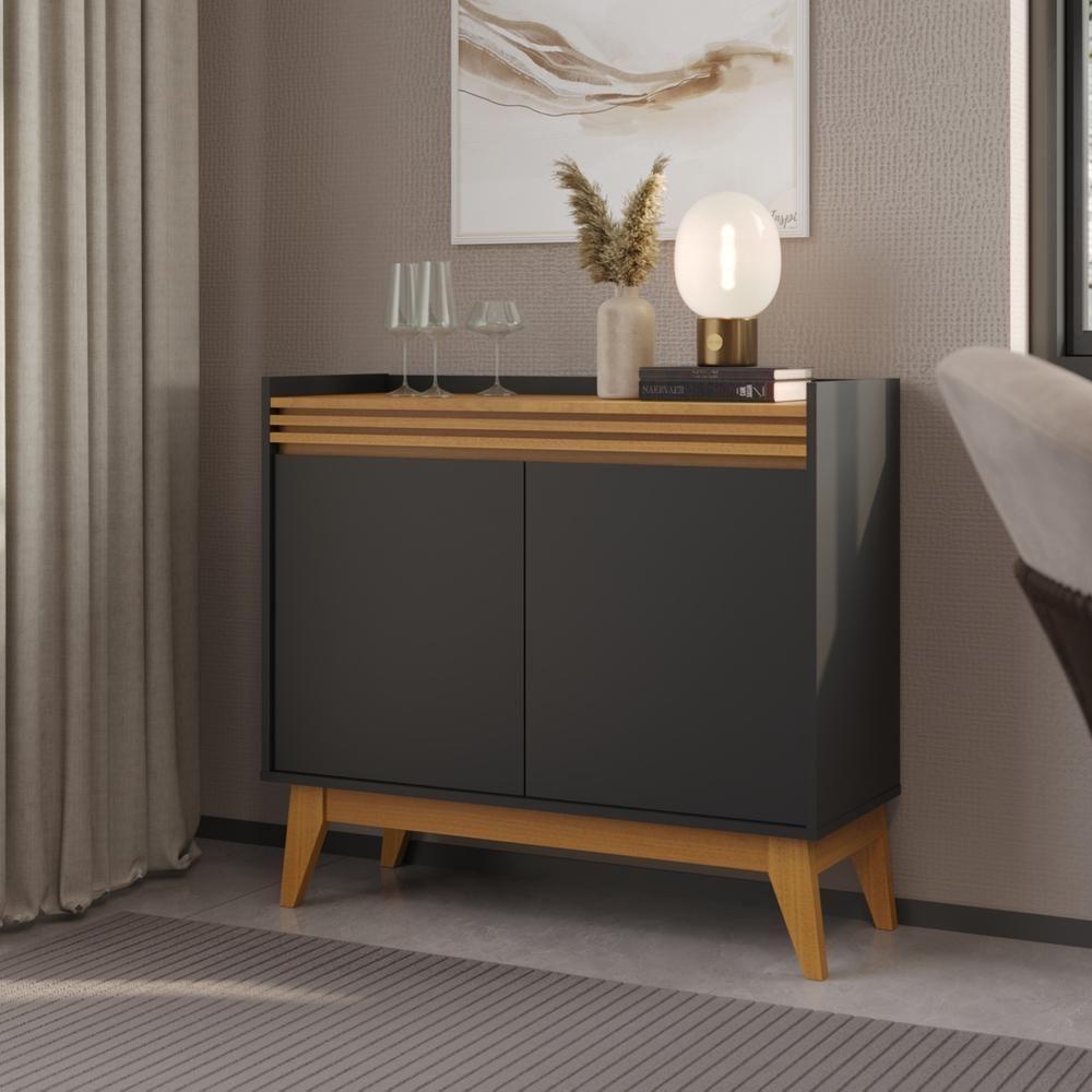 Buffet Aparador Ripado Com 2 Portas Monaco 92cm - Preto E Cedro - 1