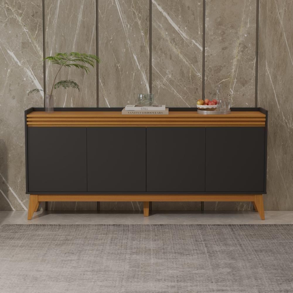 Buffet Aparador Ripado Com 4 Portas Monaco 180cm - Preto E Cedro - 6