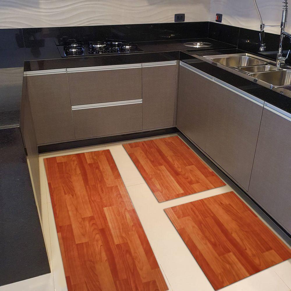 Kit 3 Peças Jogo Cozinha Passadeira Manta Vinilico Laminado Madeira Marrom Claro - 4