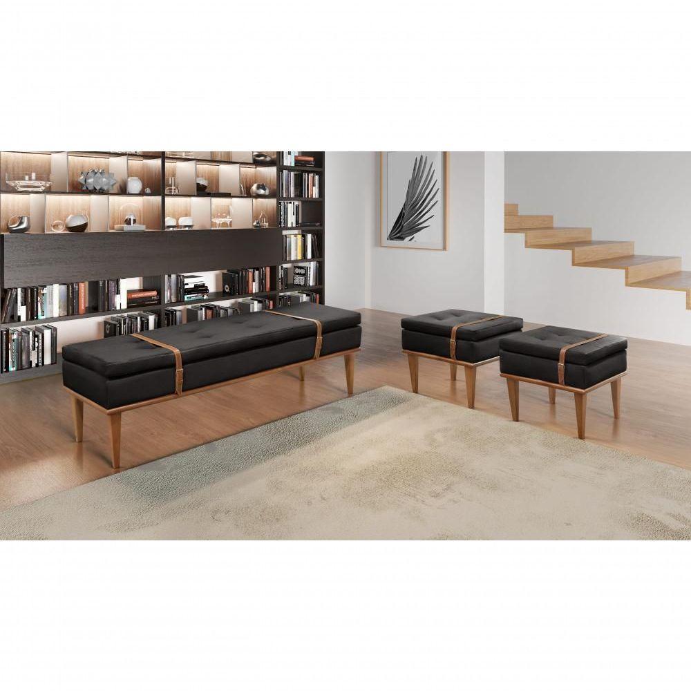 Puff Banqueta Londres Luxo Madeira Maciça Castellar Móbile Corino Preto - 4