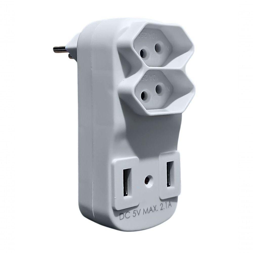 Adaptador De Tomada Plug 2 Saidas 2 Usbs Benjamin 10a Branca Bivolt - 3