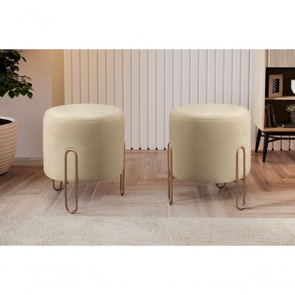 Puff Banqueta Mali Luxo Base Bronze Castellar Móbile Linho Bege - 4
