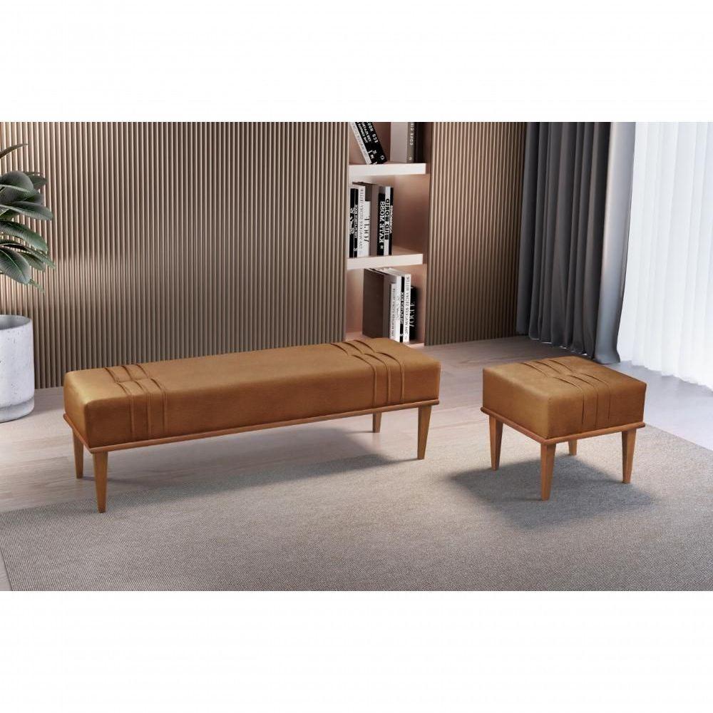 Puff Banqueta Maya Luxo Madeira Maciça Castellar Móbile Corino Caramelo - 4