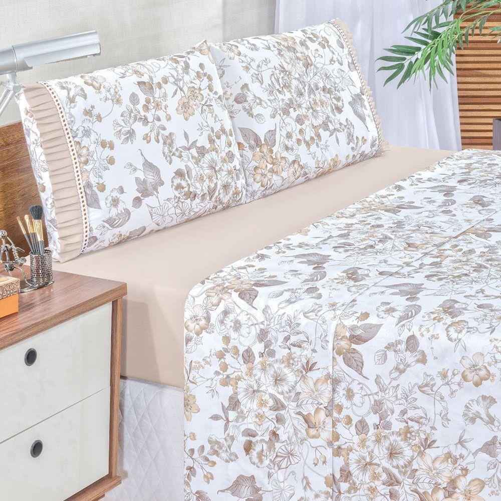 Jogo Cama Lençol Fiore Casal Padrão Estampado 180 Fios 100% Algodão Com Babadinho 4 Peças Bege Floral - 2