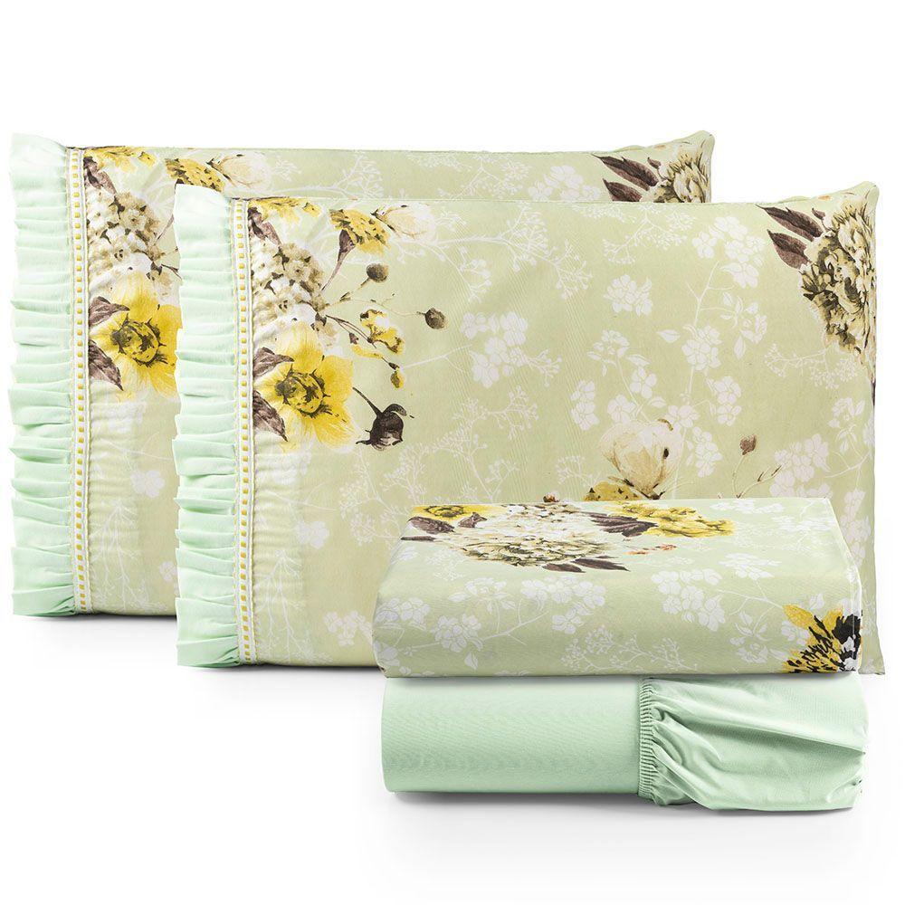 Jogo Cama Lençol Fiore Queen Estampado 180 Fios 100% Algodão Com Babadinho 4 Peças Verde Floral - 1