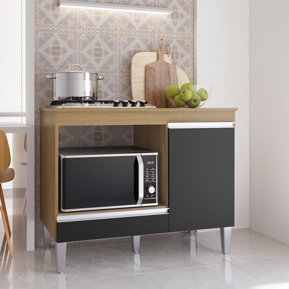 Balcao Com Tampo Para Cooktop 105 Cm Carla Amendoa Preto Reajl Moveis Amendoa Preto - 6