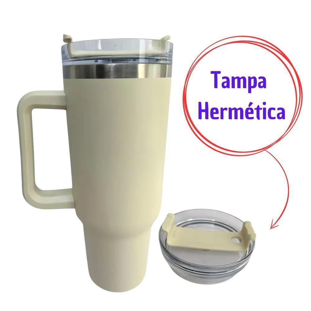 Copo Térmico Grande 1200 Ml Canudo Parede Dupla Cor Bege - 2