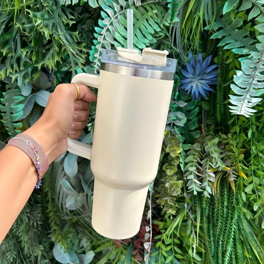 Copo Térmico Grande 1200 Ml Canudo Parede Dupla Cor Bege - 3