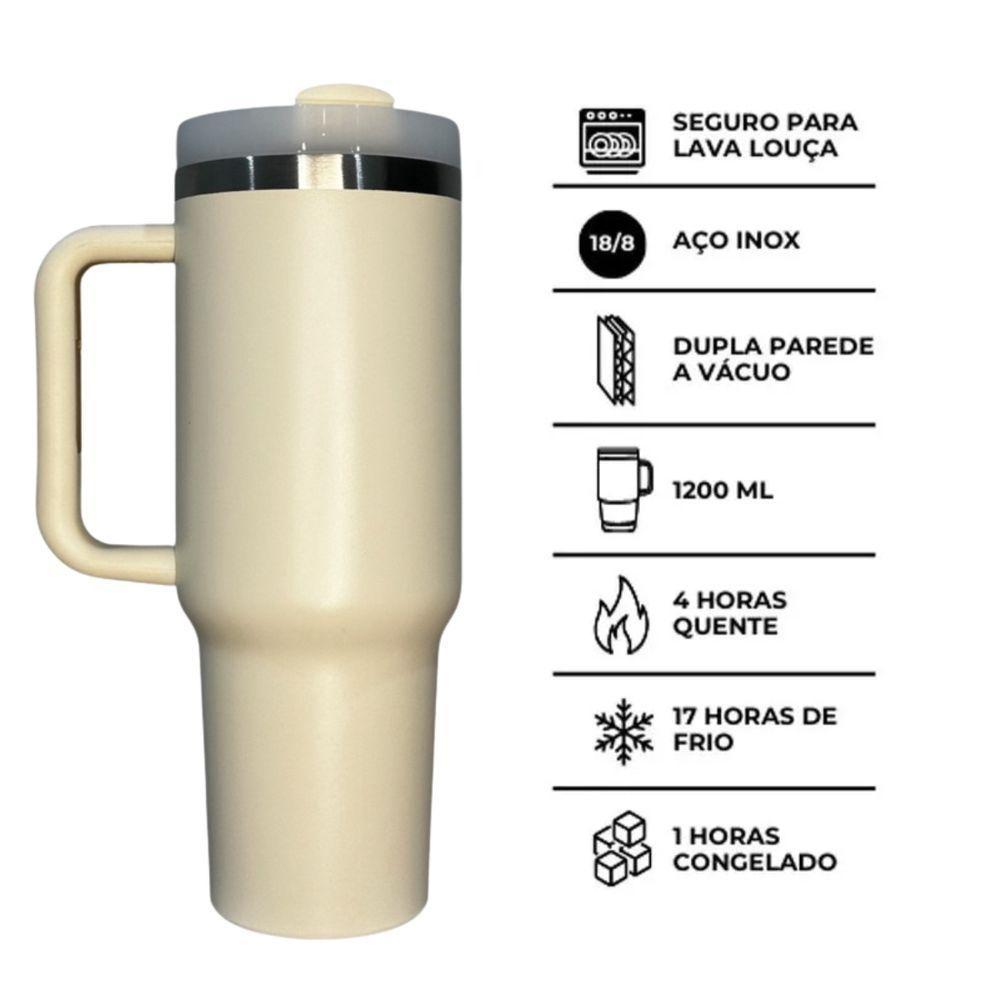 Copo Térmico Grande 1200 Ml Canudo Parede Dupla Cor Bege - 4