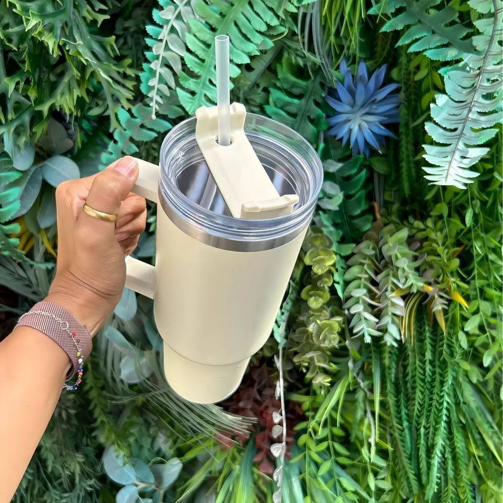 Copo Térmico Grande 1200 Ml Canudo Parede Dupla Cor Bege - 6