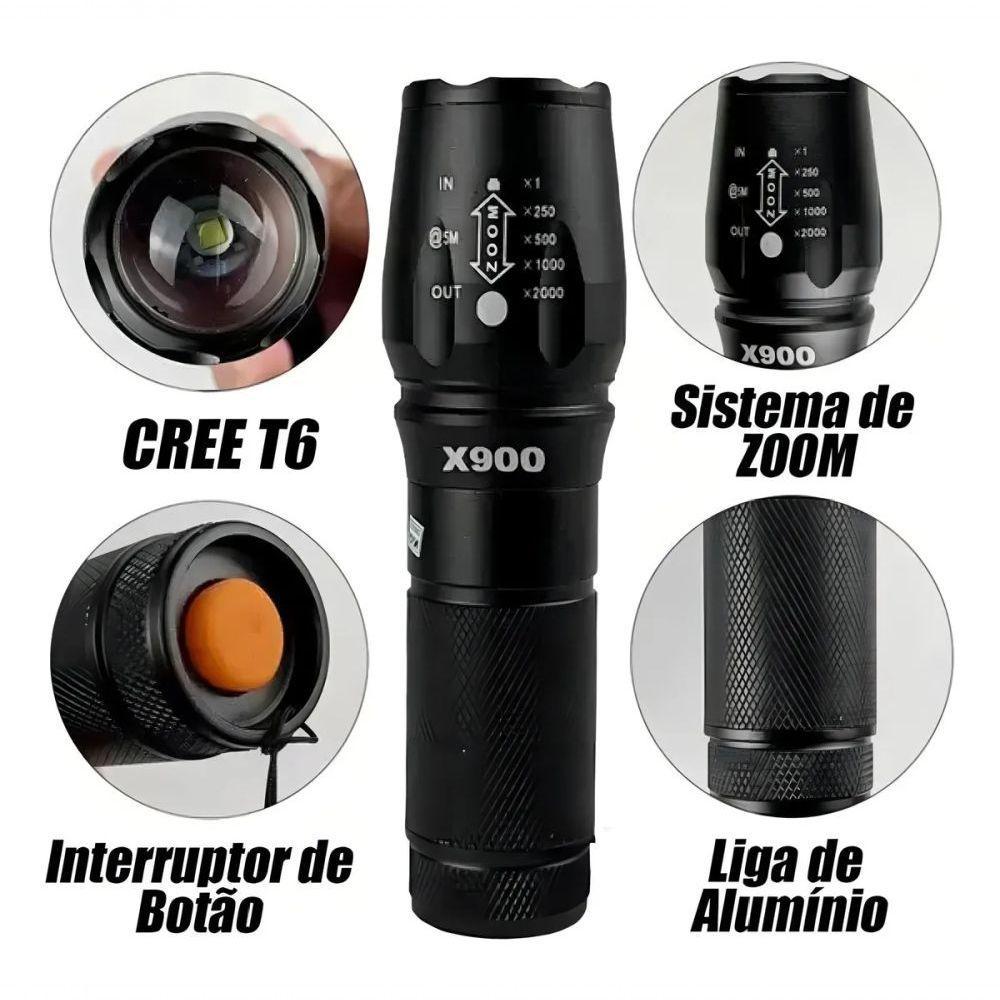Lanterna Recarregável Tática X900 Led Potente Com Super Zoom Cor Da Lanterna Preta Cor Da Luz Branco - 3
