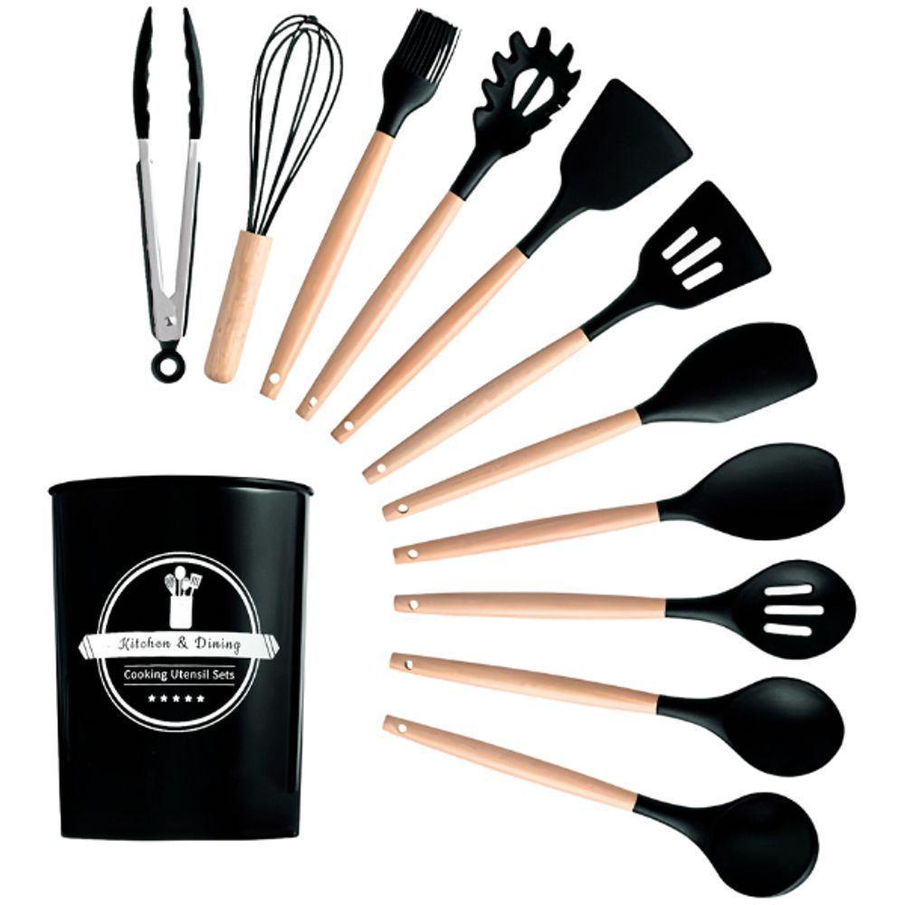 Kit Utensílios Cozinha 12 Peças Silicone Antiaderente Preto - 1