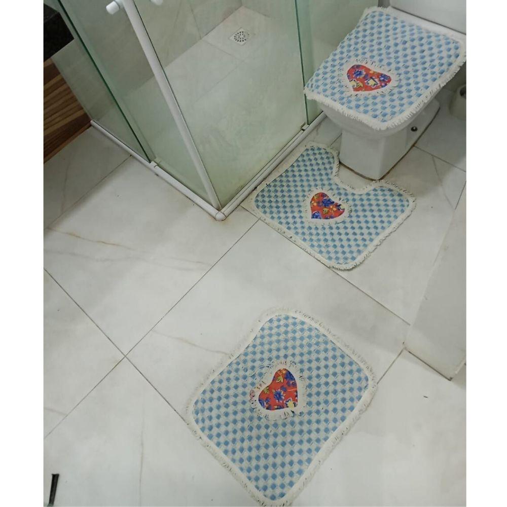 Kit 3 Peças De Tapete Banheiro Algodão 100% Tamanho 50x40cm Para Piso Chão Estampado E Liso Azul Claro Com Estampa - 1