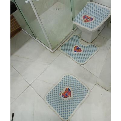 Kit 3 Peças De Tapete Banheiro Algodão 100% Tamanho 50x40cm Para Piso Chão Estampado E Liso Azul Claro Com Estampa