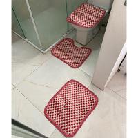 Kit 03 Tapete Xadrez Para Banheiro Decorativo E Macio 50x40 De Algodão Piso Chão Vermelho Liso - 1